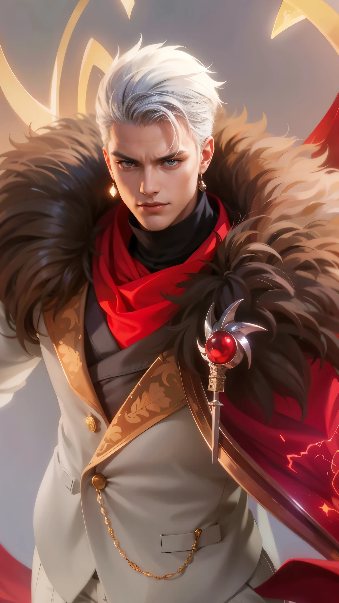 a guy in a white suit and red scarf holding a sword, son of sparda, handsome guy in demon slayer art, Best quality, masterpiece, detailed skin texture, detailed clothes texture, detailed face, super detail, 8k, intricate detail, 1 boy, The color doesn't change, Muscle guy, 1 guy