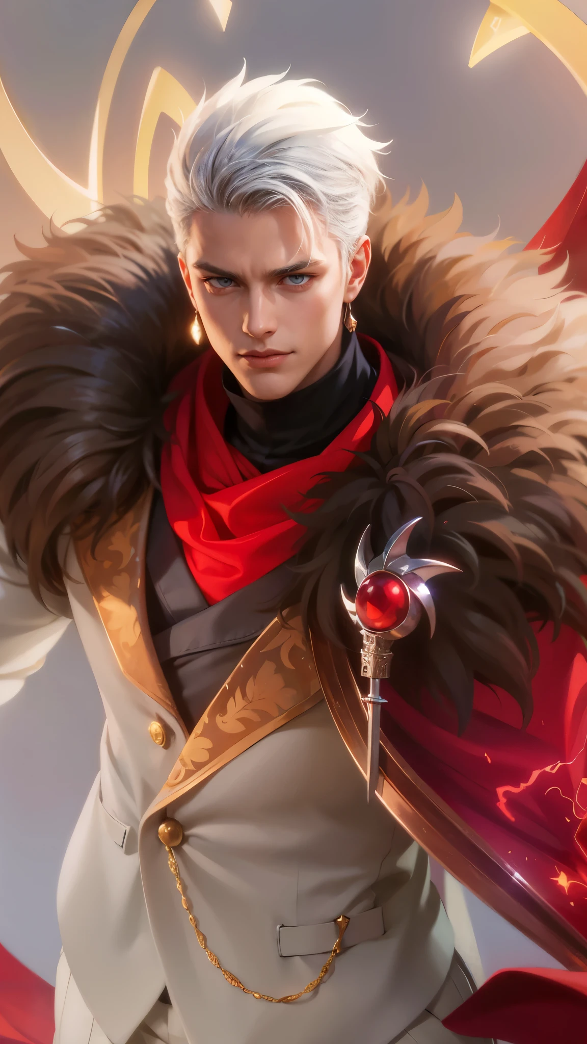 a guy in a white suit and red scarf holding a sword, son of sparda, handsome guy in demon slayer art, Best quality, masterpiece, detailed skin texture, detailed clothes texture, detailed face, super detail, 8k, intricate detail, 1 boy, The color doesn't change, Muscle guy, 1 guy