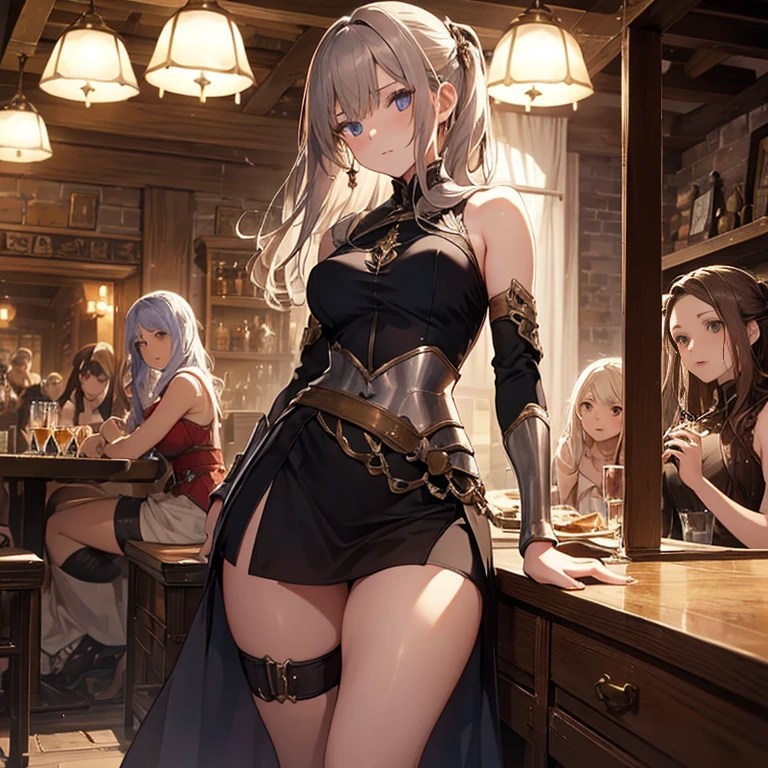 A group of  female medieval fantasy adventurers, (in tavern), various hair styles, harem, night, details face, short skirt, seducing, sleeveless, armor