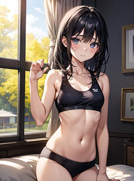 (Hands folded behind your back)、Beautiful breasts、Black Hair、Armpits are visible、Attractive breasts、Beautiful and attractive anime woman, Enchanting anime girl, Top rated on pixiv、Healthy Body、I can see your underwear、Shaving、Slippery、Iris、beautiful girl、、Underwear is biting into、The setting sun is shining through the window、Stay in the house、Quiet、Inconspicuous、bedroom、The private parts are visible、One leg is raised wide up、Sports bra、Small breasts、、Young、Shortcuts