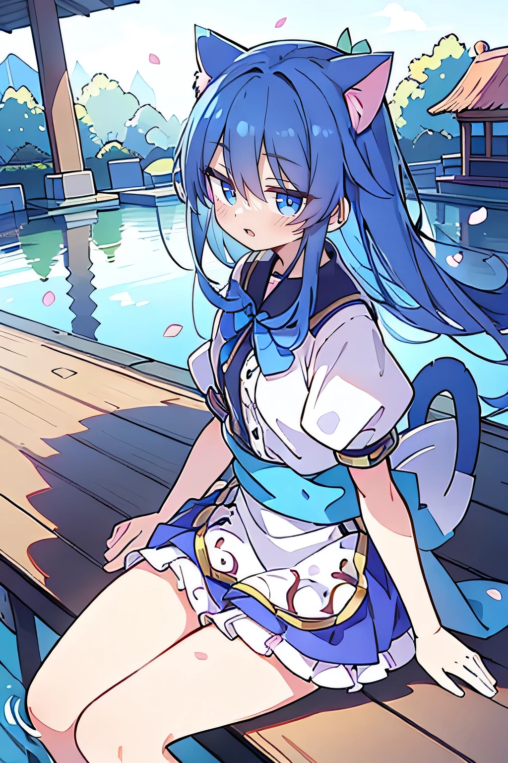 (masterpiece:1.2),ultra-detailed,realistic,expressive eyes,fair-skinned,perfectly shaped face,1girl,
Japanese cartoons,Gorgeous blue hair, flowing blue hair,floating clothes,cat ears,petals falling,beautiful Lola,Hina Angel,
hands on waist,gracefully sitting on the ground,legs crossed,gentle and serene background,cool and comfortable pavilion,smile.