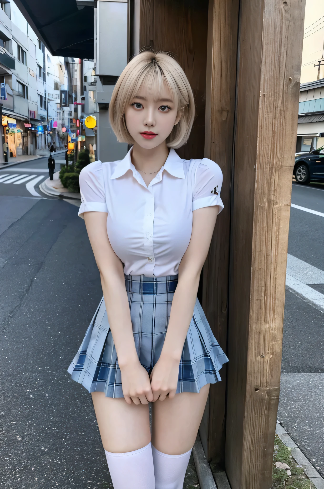 cyber punk, highest quality, masterpiece, shape, Realistic, photo-Realistic, wonderful, finely, Very detailed, High resolution, Very detailed, unity 8k wallpaper, Full body shot of a beautiful young woman with Korean-style features resembling a popular actress, Blouse, Ruffled Skirt, Knee high socks, (Very small breasts), thin, She has pink and bluish eyeshadow, bangs, blonde, short hair, head, and arms. Standing and looking at me, Japanese residential area, Narrow eyes, Long and narrow eye shape, Three white eyes, Confident expression, Evil look, Very slender and beautiful legs, Beautiful and thin thighs, Earrings,