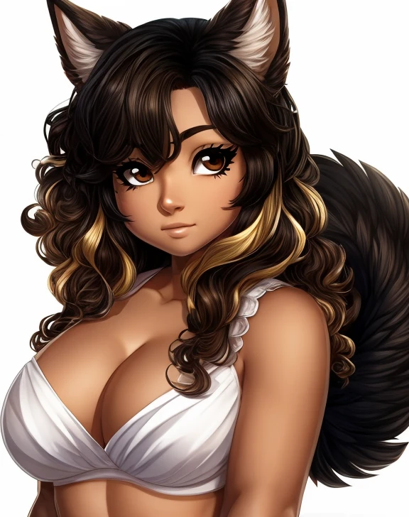 curvaceous yet chubby fox Demi human woman with tanned brown skin, curly black hair with blonde streaks, brown eyes with long thick lashes, fluffy fox tail white tip with fox ears tipped black