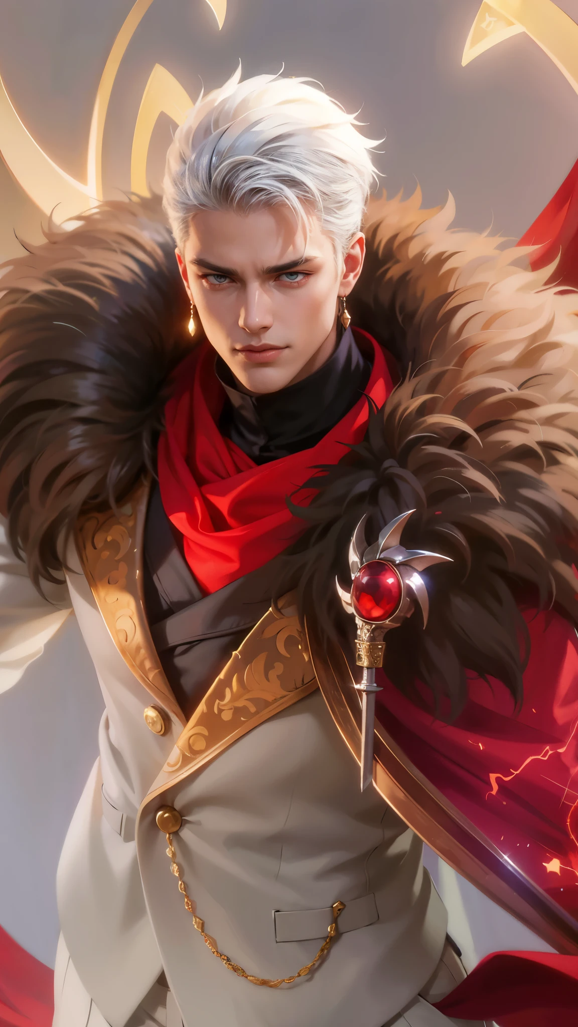 a guy in a white suit and red scarf holding a sword, son of sparda, handsome guy in demon slayer art, Best quality, masterpiece, detailed skin texture, detailed clothes texture, detailed face, super detail, 8k, intricate detail, 1 boy, The color doesn't change, Muscle guy, 1 guy