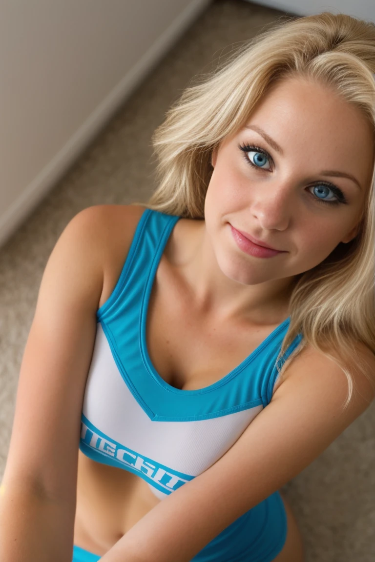 First person view while eye level with a 19yo busty blonde cheerleader. She is reaching down toward the bottom of the frame to imply that she is giving a handjob 