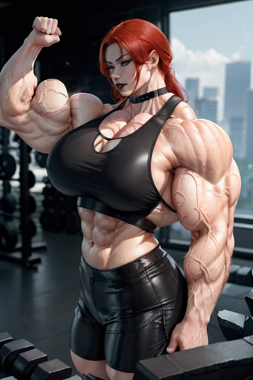 (((((Massive, tall, beautiful, sweating, buff, pale white skinned, muscular asian woman with red hair, black lipstick, ginormous bulky muscles, flexing muscles and wearing a black leather sports bra and black dolphin shorts))))), (upper body view), (massive muscles), massive biceps, hyper muscle shoulders, vascular shoulders, hyper muscle triceps, (long hair), yellow eyes, choker, (in a weight room), confident smirk, morning, hyper vascular arm, hyper muscles arms, hyper muscle legs, massive arms.