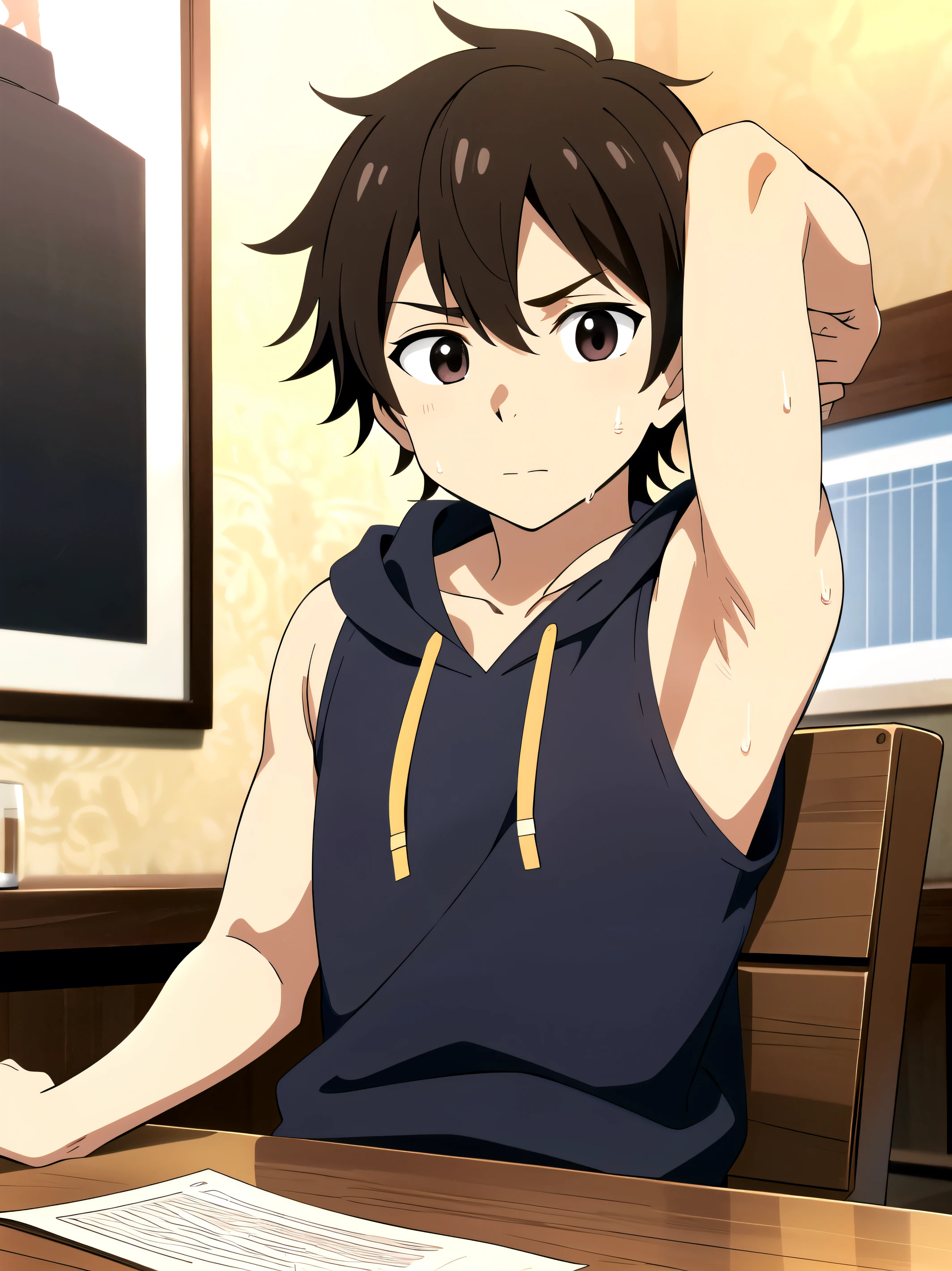Highres, Masterpiece, Best quality at best,Best Quality,hight quality, hight detailed, 1boy, Brown hair, messy hair, Side bangs, Shota, Sweat, Sleeveless hoodie, upper body, Depth of field, Anime Screencap Style, thin line, Seen from front, Sitting on the chair, Cute boy, (Showing armpit:1.3), (very small and short stature), (very young boy), 12-year-old boys, Blurry beckground