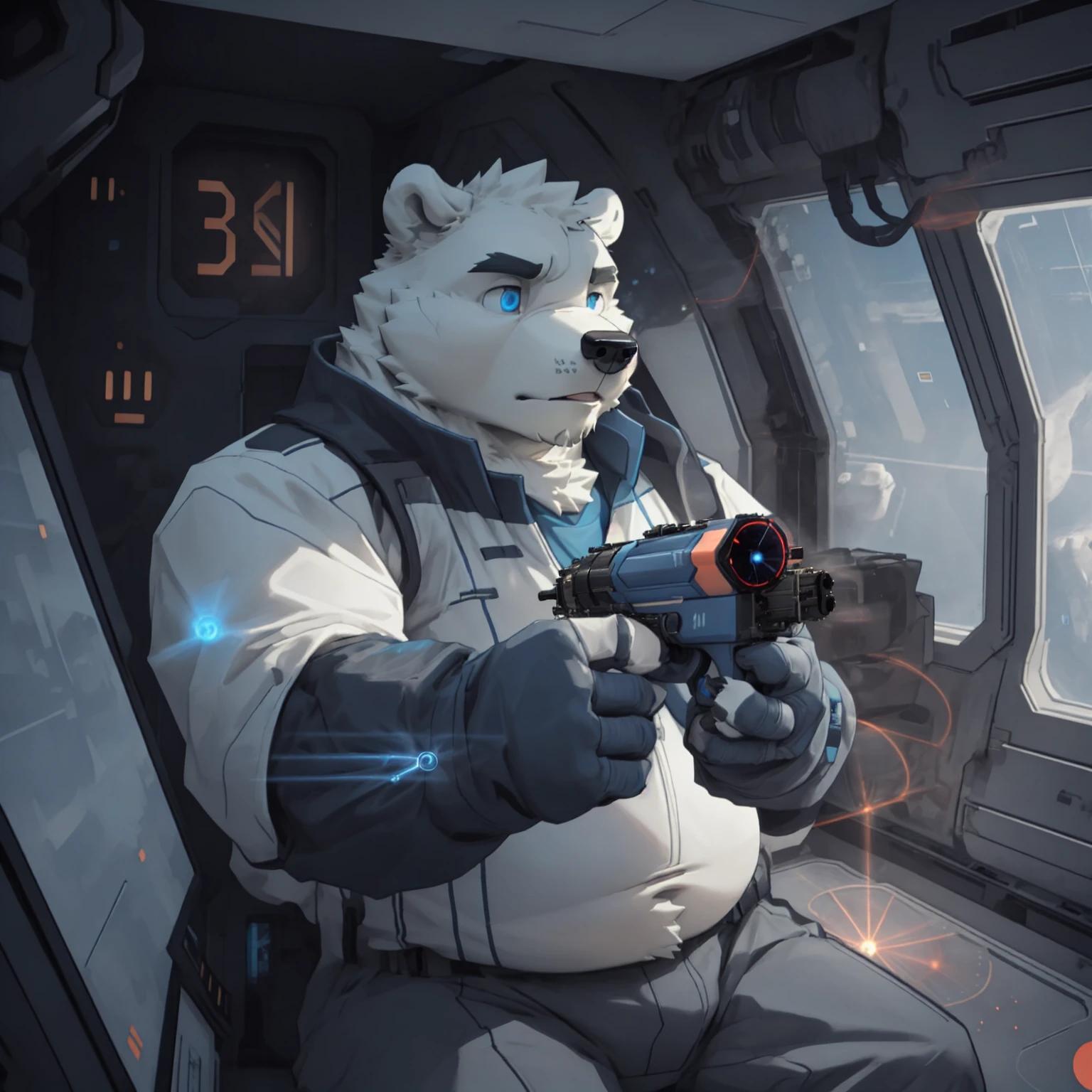 He has his mouth open, astonished, frightened Astronaut, bearded, plump, extremely thick thighs, large belly, fat, using a doll for observation, He holds the binoculars with both hands close to His Face, icy mountains, snowy place, the Astronaut using binoculars to observe( frontal image) Holding a pair of binoculars. dynamic photography.