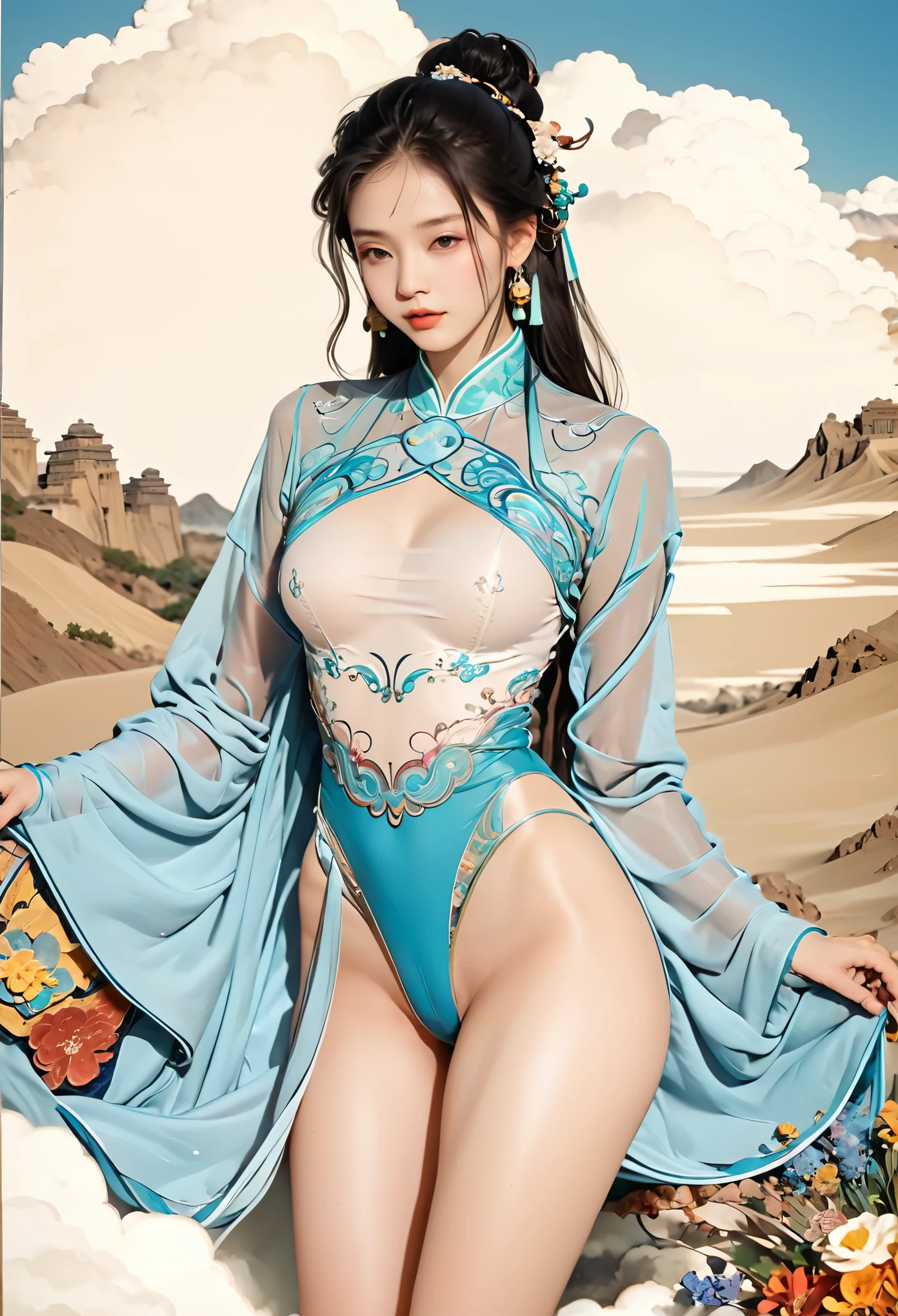 (masterpiece, top quality, best quality, official art, beauty:1.2),(最詳細清晰的contour和五官:2.0,contour:2.0) (1 Chinese Goddess:1.5), Very detailed,(Dunhuang艺术:1.1),(Dunhuang,rich and colorful:1.1)(Flowers:1.3),Most detailed,(Zentangle:1.2), (Dynamic flight attitude,Foot on the white clouds,Show your thighs:2.0), (blue sky white clouds moon background:1.3), (Chinese embroidered Hanfu:1.2), (Glowing skin,Camel toe:1.2), (Many colors:1.4), ,(earrings:1.4),