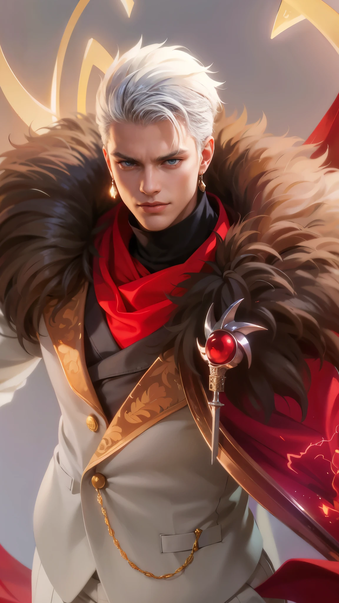 a guy in a white suit and red scarf holding a sword, son of sparda, handsome guy in demon slayer art, Best quality, masterpiece, detailed skin texture, detailed clothes texture, detailed face, super detail, 8k, intricate detail, 1 boy, The color doesn't change, Muscle guy, 1 guy