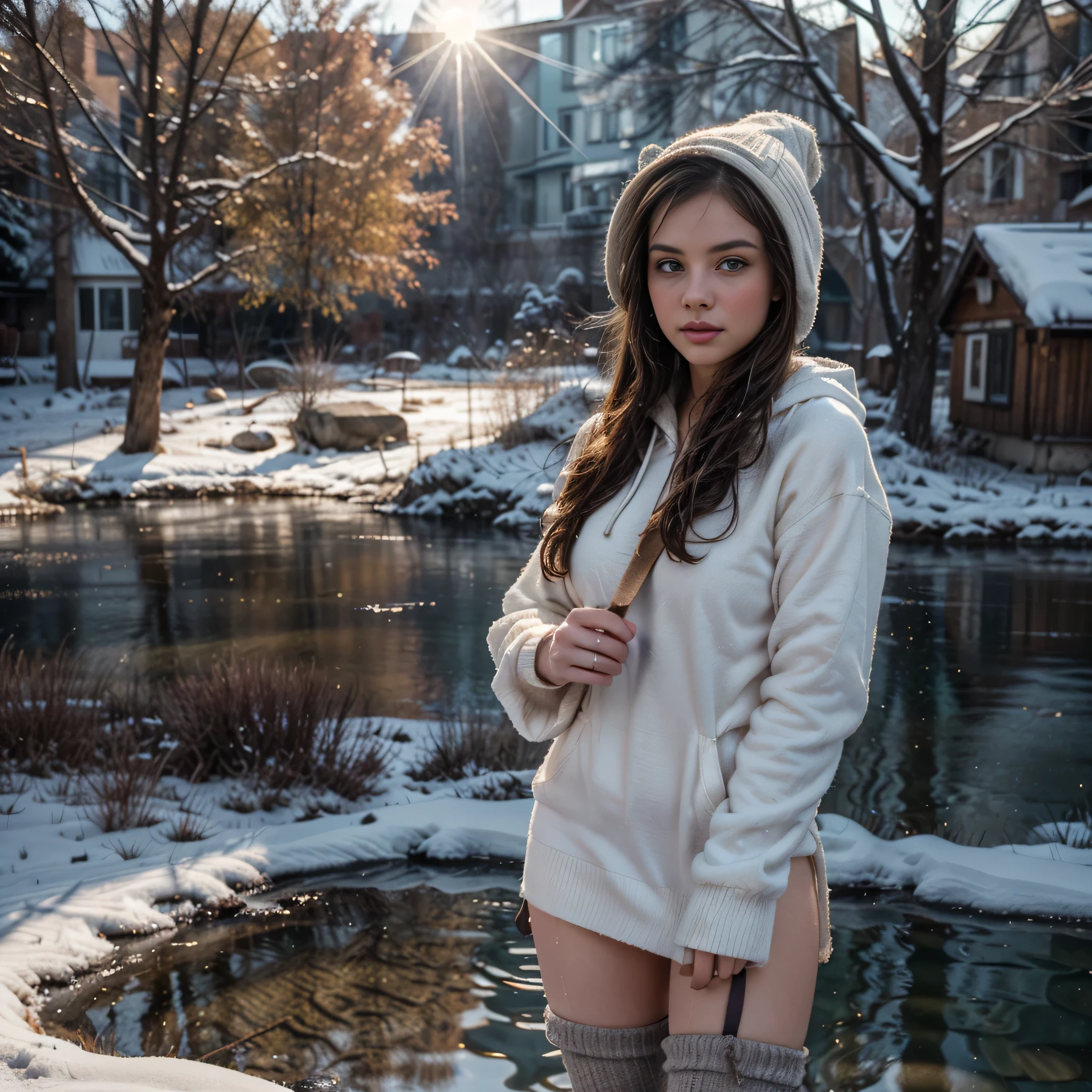 Young tattooed teen 18+ in snow standing outside in white sheer
