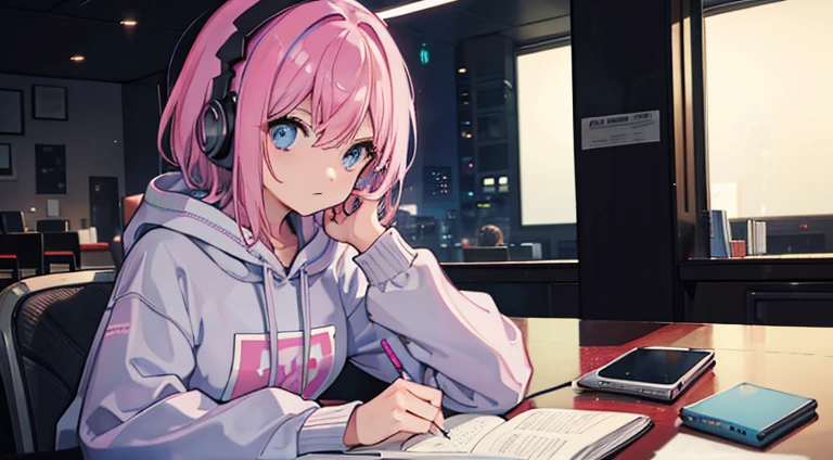 A woman with pink middle-aged hair and blue eyes studying with white headphones　Night time wearing a grey sweatshirt