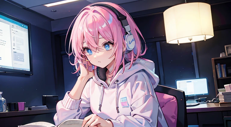 A woman with pink middle-aged hair and blue eyes studying with white headphones Night time wearing a grey sweatshirt