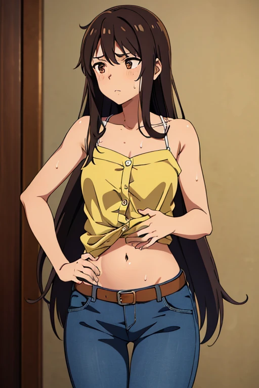 (masterpiece, high quality), brown skin anime girl wearing a button up denim cami top and jeans, famished in hunger, (gently resting hands on stomach), (sweating), (long hair), (hands on her stomach)