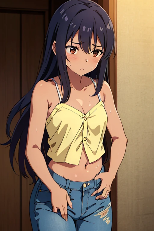 (masterpiece, high quality), brown skin anime girl wearing a button up denim cami top and jeans, famished in hunger, (gently resting hands on stomach), (sweating), (long hair), (hands on her stomach)