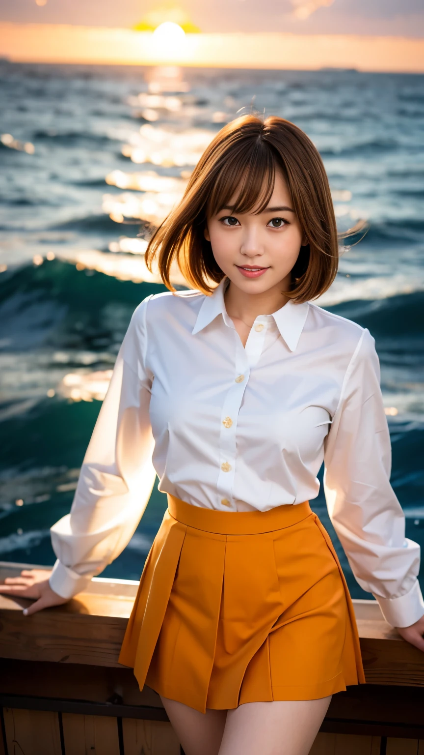 (highest quality, High resolution, Tabletop :1.3), (Shooting from below), high school girl、wear 、、Japanese women,（whole body）、、wear a miniskirt、Healthy Thighs、Bangs too、 Very beautiful face, Beautiful girls, Beautiful realistic face,Beautiful woman, Orange sunset sky, Sun and Clouds、And with the sea in the background, Cute girl in uniform. her hair is light brown、Medium Bob Style。. She wears a white blouse and pleated skirt, Stand with your legs wide open, Blushing, Looking at the camera, Dynamic Photography