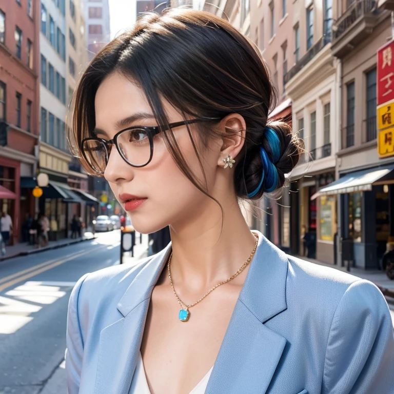 (masterpiece, highest quality, highest quality), (((Perfect body))),Black Formal Suit,Ragged hair,Middle Hair,Chignon Hair,Light blue hair color,beautifully,Mysterious:1.2, (One Girl:1.3), Very detailed, Mature Woman,A kind smile,Boston-type glasses, (Mouth closed), (highest qualityのmasterpiece:1.2) Delicate illustrations, Most detailed,Full body portrait, (Street background:1.3), (Shiny skin), (Many colors:1.4), ,(Earrings),((necklace))), ,Walking,