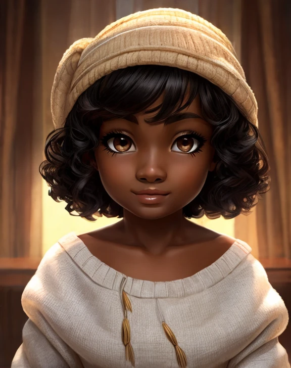 six year old girl with a plump body short curly black hair with blonde streaks brown eyes with long lashes and brown skin with plump lips