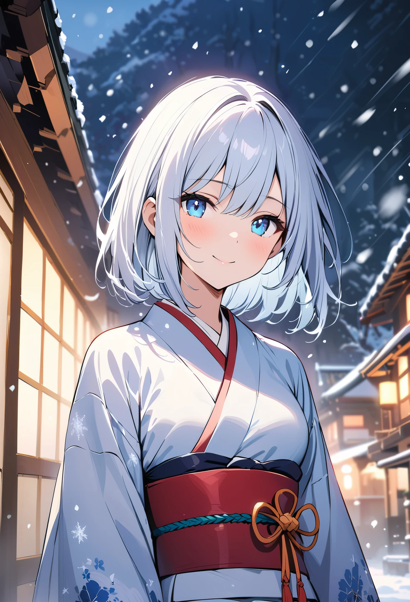 Facing the audience,(solo),Very beautiful female,(medium view),upper body,Smile,Blue and white hair,neat hair,Light blue eyes,Japanese clothing,(masterpiece),Falling snowflakes,Snowstorm Background,lots of storm,Extreme details,HD,Beautiful illustrations