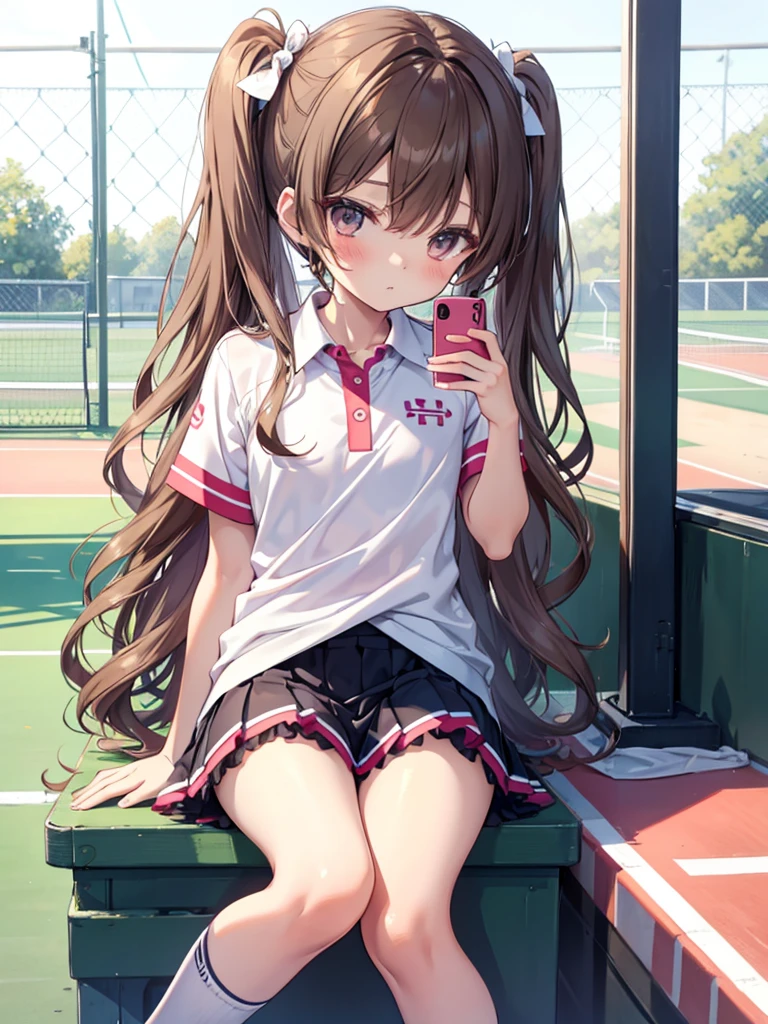 cross-dressing shota,tennis uniform,frilly skort,
brown wavy semi-long,in track,sitting,looking at smartphone
