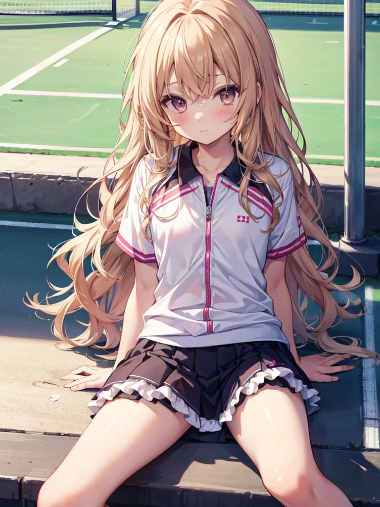 cross-dressing shota,tennis uniform,frilly skort,
brown wavy semi-long,in track,sitting,looking at smartphone