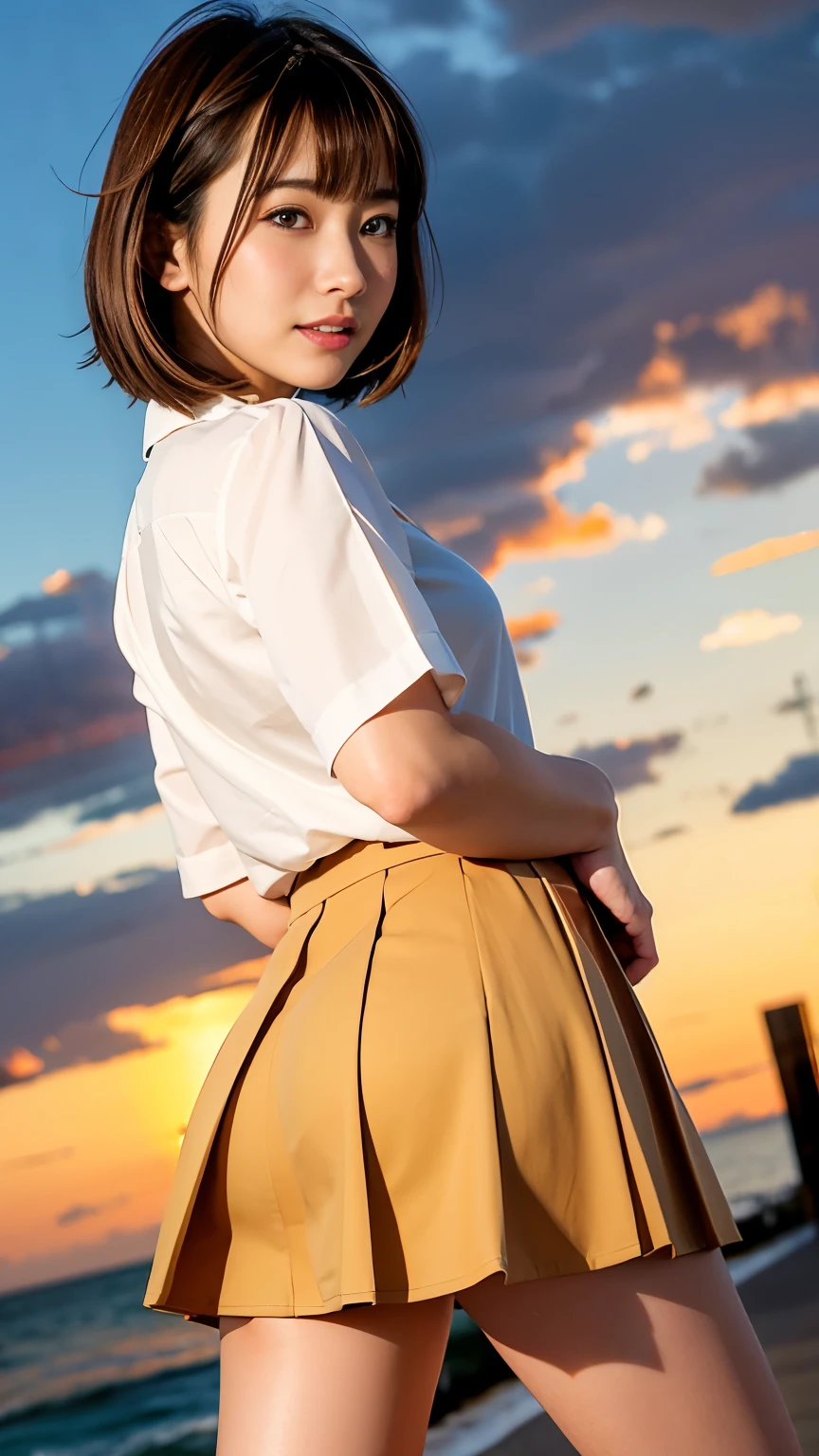 (highest quality, High resolution, Tabletop :1.3), (Shooting from below), high school girl、wear 、、Japanese women,(whole body)、17 years old、wear a miniskirt、Healthy Thighs、Bangs too、 Very beautiful face, Beautiful girls, Beautiful realistic face,Beautiful woman, Orange sunset sky, Sun and Clouds、And with the sea in the background, Cute girl in uniform. her hair is light brown、Medium Bob Style。. She wears a white blouse and pleated skirt, Stand with your legs wide open, Blushing, Looking at the camera, Dynamic Photography