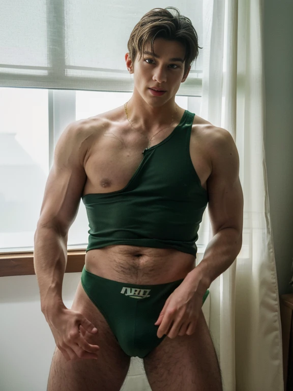 A hansome man in style,(in English: Green Lantern) is a DC Comics superhero.  lined lips, sexy tight green leotard, covered navel,  muscular, tight skin, All green sexy wear , muscular man,  Looking at the Viewer,  (realism: 1.5), (Realisitc: 1.4), (Absurdity: 1.4), 8k, ultra-detailed, Detailed handsome man, (Only one:1.4), (Viewer facing:1.2),( full length shot(fls)) ,thick thighs ,( wide hips ,wide pelvis) , sexy,  Nsfw , eroticism , bare thighs , fucking sexy!!!, only boy , exposed , handsome Korean boy，puffy nipples , swollen nipples, buzz cut