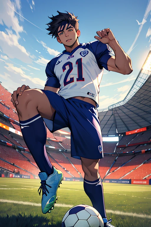A teen boy having soccer ball above his feet with well dressed up as football player.And his name is Ayush on Jersey and his jersey no. is 7.