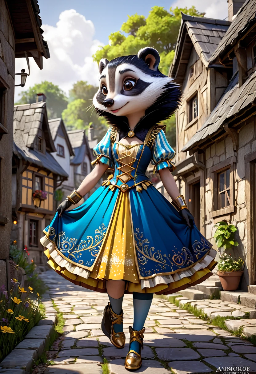 Adorable Little " Beautiful And Colorful Girl Anthropomorphic Badger In A Cute Village, Intricate Dress Made Gold And Silver, " Black Hair, Freckles, Royal Clothing, Breathtaking Fantasycore Artwork By Android Jones, Jean Baptiste Monge, Greg Rutkowski, Ko Young Hoon, Artstation, Trending On DeviantArt, Colorful D&D Artwork, Intricate Photography, A Masterpiece, 8k Resolution Artstation, Unreal Engine 5, Cgsociety, Octane Photograph