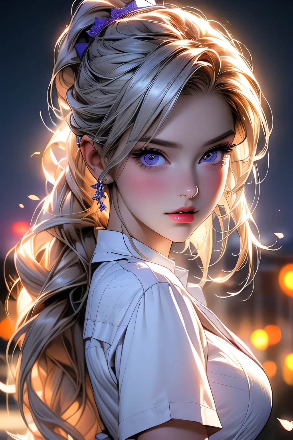 最high quality, masterpiece,, figure, wallpaper,One girl, alone, , White shirt, Black Skirt, Light Hair, Semi-long hair, Beautiful detailed girl, Highly detailed eyes and face, Beautiful fine details, shy, nature_Lighting, Shine,clean null, View your viewers, Outdoor, night null, star (null), loafers, Black Pantyhose, Blue bow tie, Straight hair, Purple petals, Purple and blue flowers, Dark Eyes, ponytail, Blue Ribbon,Blonde Hair、thick_Thighs, Large Breasts, black eye, masterpiece, 最high quality, high quality, High resolution, ((Face close-up))
