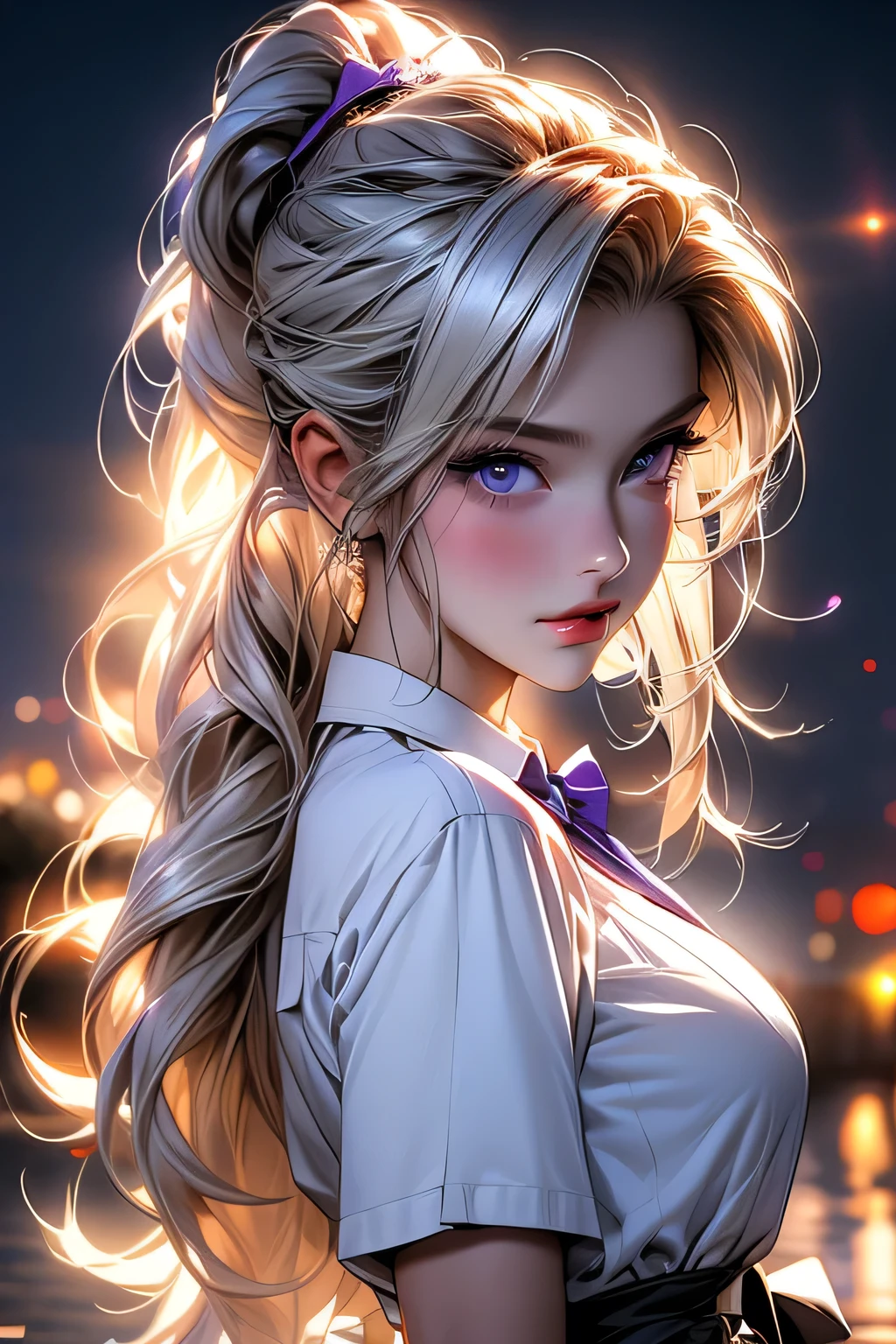最high quality, masterpiece,, figure, wallpaper,One girl, alone, , White shirt, Black Skirt, Light Hair, Semi-long hair, Beautiful detailed girl, Highly detailed eyes and face, Beautiful fine details, shy, nature_Lighting, Shine,clean null, View your viewers, Outdoor, night null, star (null), loafers, Black Pantyhose, Blue bow tie, Straight hair, Purple petals, Purple and blue flowers, Dark Eyes, ponytail, Blue Ribbon,Blonde Hair、thick_Thighs, Large Breasts, black eye, masterpiece, 最high quality, high quality, High resolution, ((Face close-up))