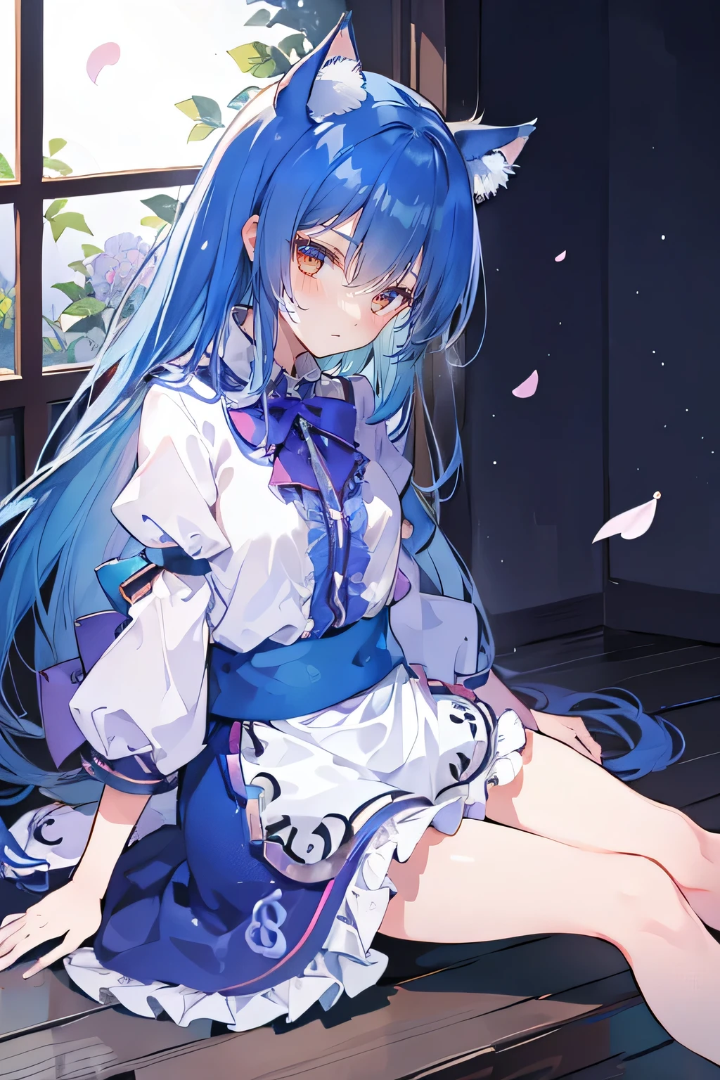 (masterpiece:1.2),ultra-detailed,realistic,expressive eyes,fair-skinned,perfectly shaped face,1girl,
Japanese cartoons,Gorgeous blue hair, flowing blue hair,floating clothes,cat ears,petals falling,beautiful Lola,Hina Angel,
hands on waist,gracefully sitting on the ground,legs crossed,gentle and serene background,cool and comfortable pavilion,smile.