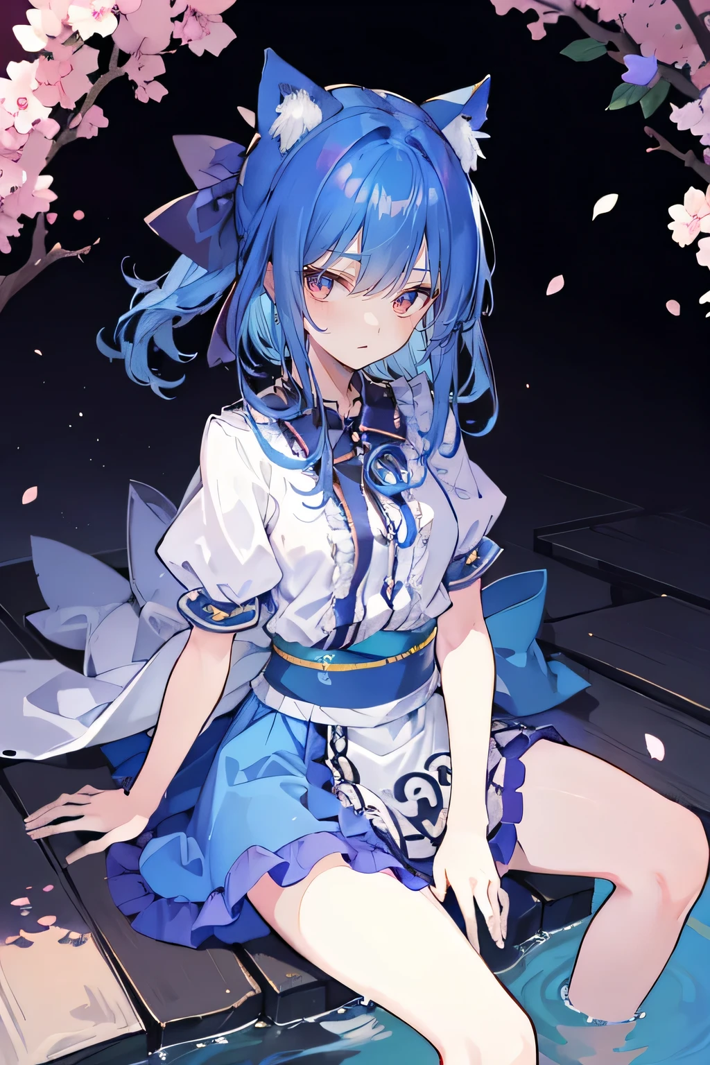 (masterpiece:1.2),ultra-detailed,realistic,expressive eyes,fair-skinned,perfectly shaped face,1girl,
Japanese cartoons,Gorgeous blue hair, flowing blue hair,floating clothes,cat ears,petals falling,beautiful Lola,Hina Angel,
hands on waist,gracefully sitting on the ground,legs crossed,gentle and serene background,cool and comfortable pavilion,smile.