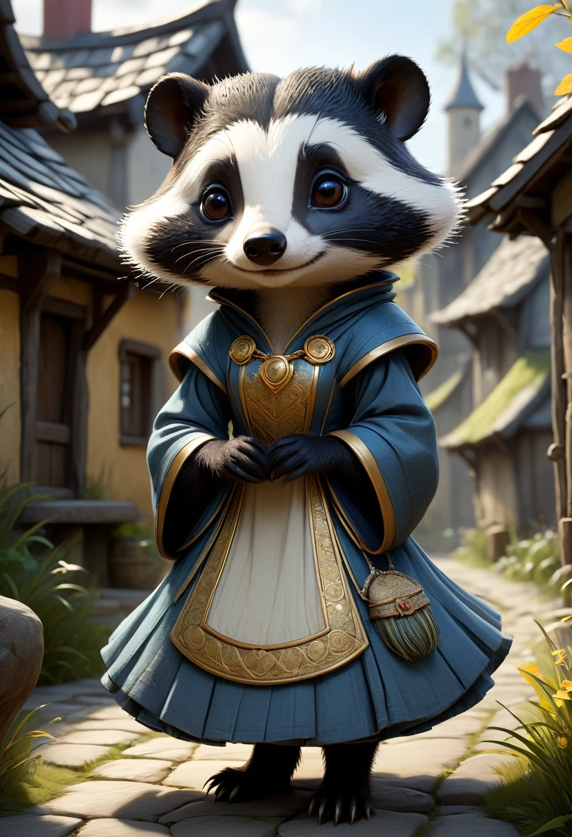 Adorable Little " Beautiful And Colorful Girl Anthropomorphic Badger In A Cute Village, Intricate Dress Made Gold And Silver, " Black Hair, Freckles, Royal Clothing, Breathtaking Fantasycore Artwork By Android Jones, Jean Baptiste Monge, Greg Rutkowski, Ko Young Hoon, Artstation, Trending On DeviantArt, Colorful D&D Artwork, Intricate Photography, A Masterpiece, 8k Resolution Artstation, Unreal Engine 5, Cgsociety, Octane Photograph
