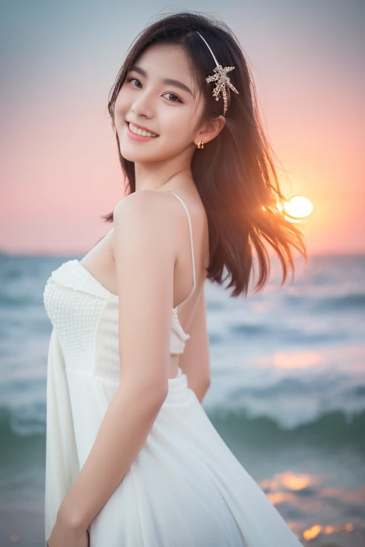 best quality, Ultra high resolution, (realistic:1.4), 1 girl,white dress, thin cloth, smile, bare shoulders, Focus only, looking at the audience,Beautiful skin,sunset,By the beach,Photon mapping, Physical rendering, raw photos, highly detailed background,kpop idols,depth of field,Torii,water mist,hair accessories,detailed face,Shiny skin,CG game,Full body,