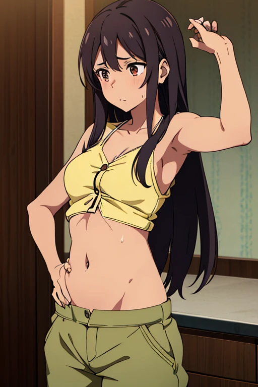 (masterpiece, high quality), brown skin anime girl wearing a button up cami top and trousers, famished in hunger, (gently resting hands on stomach), (sweating), (long hair), (hands on her stomach)