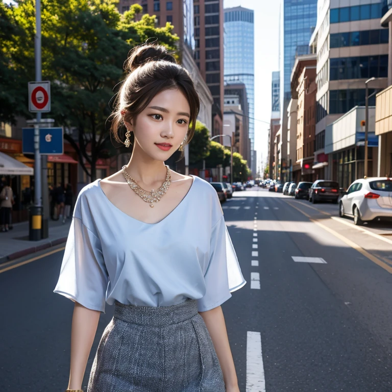 (masterpiece, highest quality, highest quality), (((Perfect body))),(Black cotton blouse,Long tight skirt),Ragged hair,Middle Hair,Chignon Hair,Light blue hair color,beautifully,Mysterious:1.2, (One Girl:1.3), Very detailed, Mature Woman,A kind smile,Boston-type glasses, (Mouth closed), (highest qualityのmasterpiece:1.2) Delicate illustrations, Most detailed,Upper body portrait, (Street background:1.3), (Shiny skin), (Many colors:1.4), ,(Earrings),((necklace))), Great trekking shoes:1.3,Walking,