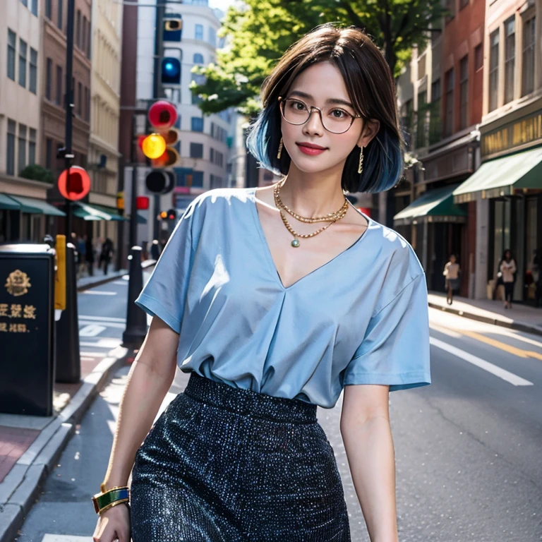 (masterpiece, highest quality, highest quality), (((Perfect body))),(Black cotton blouse,Long tight skirt),Ragged hair,Middle Hair,Chignon Hair,Light blue hair color,beautifully,Mysterious:1.2, (One Girl:1.3), Very detailed, Mature Woman,A kind smile,Boston-type glasses, (Mouth closed), (highest qualityのmasterpiece:1.2) Delicate illustrations, Most detailed,Upper body portrait, (Street background:1.3), (Shiny skin), (Many colors:1.4), ,(Earrings),((necklace))), Great trekking shoes:1.3,Walking,