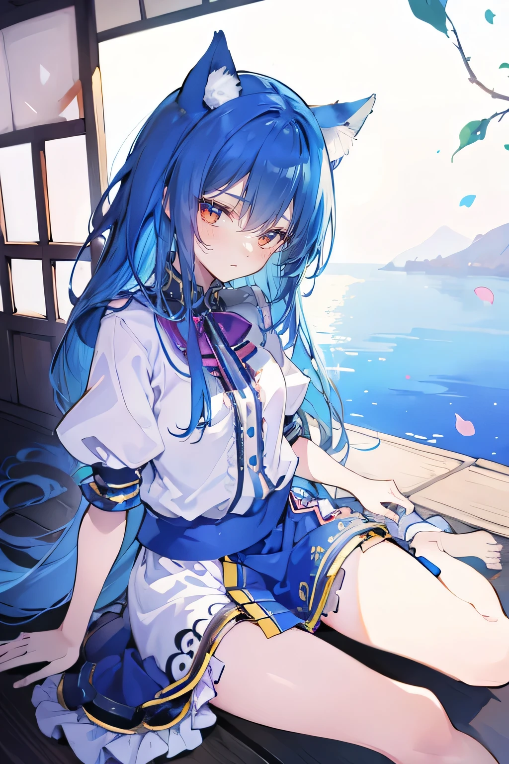 (masterpiece:1.2),ultra-detailed,realistic,expressive eyes,fair-skinned,perfectly shaped face,1girl,
Japanese cartoons,Gorgeous blue hair, flowing blue hair,floating clothes,cat ears,petals falling,beautiful Lola,Hina Angel,
hands on waist,gracefully sitting on the ground,legs crossed,gentle and serene background,cool and comfortable pavilion,smile.