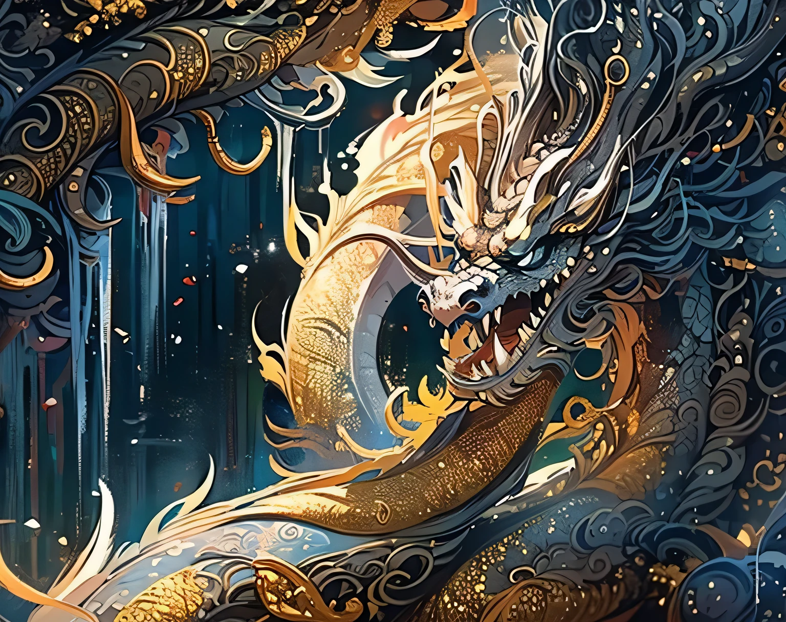 pintura de um dragao chines , na cor preto e detalhes dourados