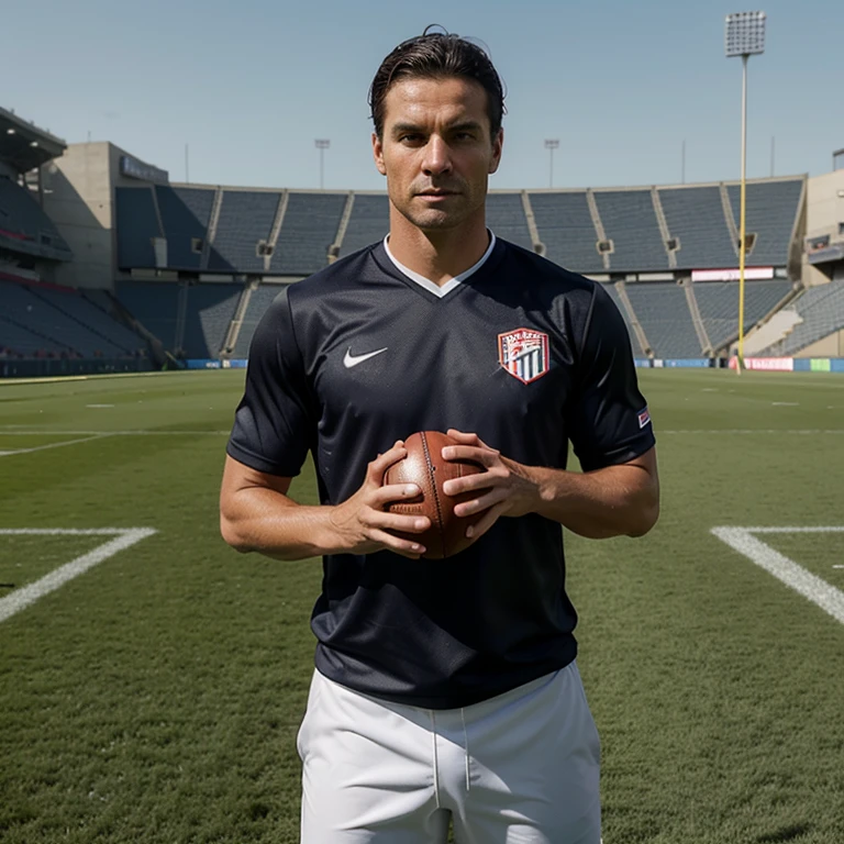 A footballer of about 35 years old, athletic and well-built, with dark hair combed back, wears an elegant and modern sports uniform. He is standing on a manicured football field, with a determined facial expression and looking directly into the camera. The image is hyperrealistic, with a resolution of 8, the image with a 65:128 format.