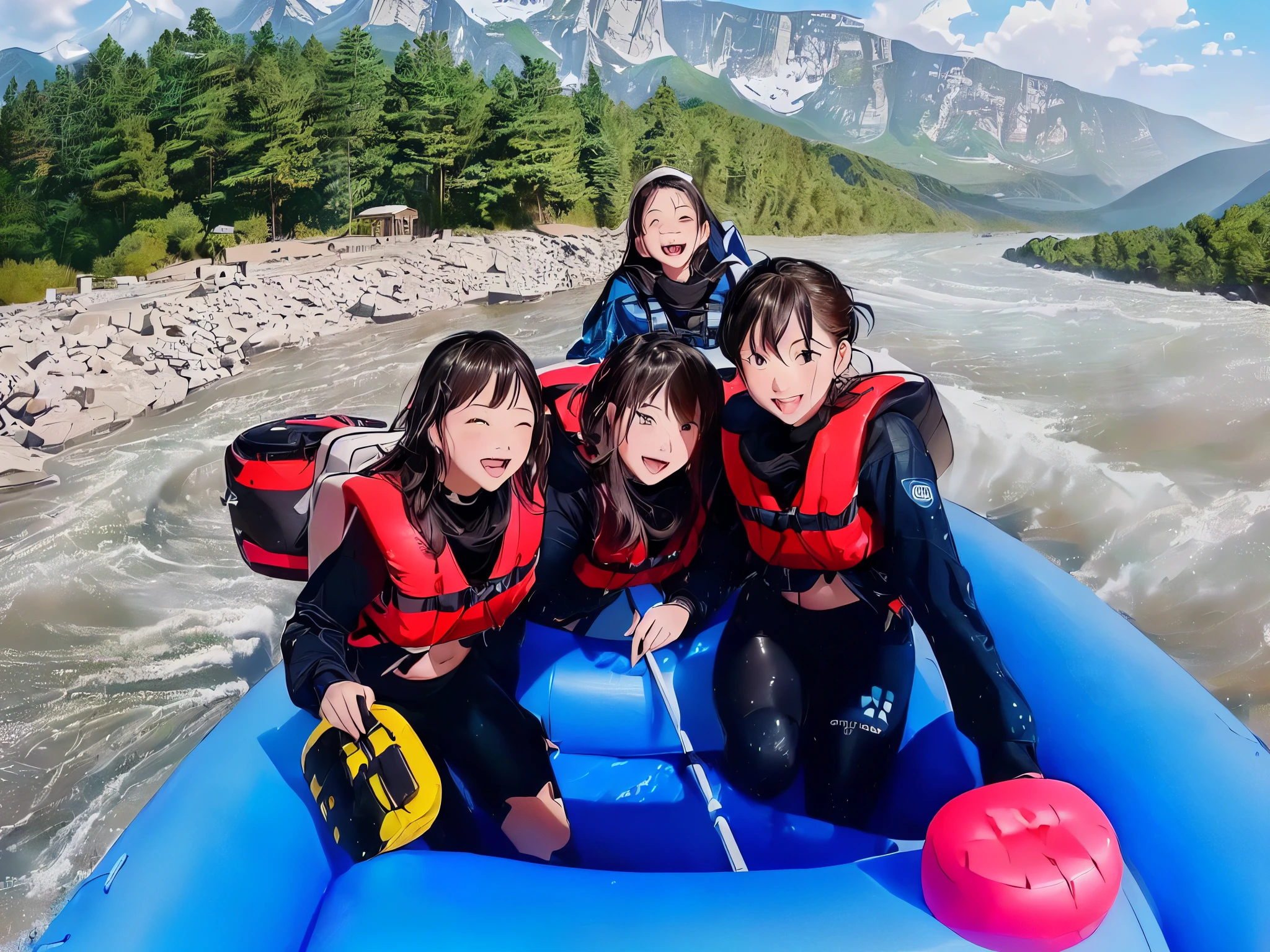there are three people in a raft on the river and one person in the back with wet faces!!, 💕 🎀, blue water, with mountains in the background, taken on go pro hero8, white water rapids, go pro, basic, 🕹️ 😎 🔫 🤖 🚬, with mountains in background, instagram post, having fun, having a great time