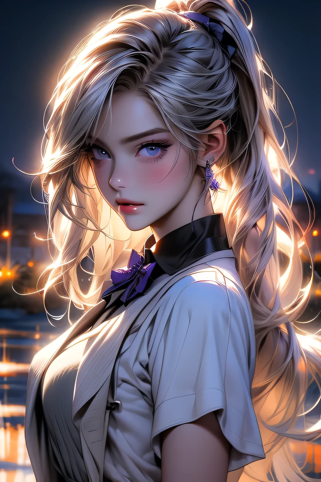 最high quality, masterpiece,, figure, wallpaper,One girl, alone, , White shirt, Black Skirt, Light Hair, Semi-long hair, Beautiful detailed girl, Highly detailed eyes and face, Beautiful fine details, shy, nature_Lighting, Shine,clean null, View your viewers, Outdoor, night null, star (null), loafers, Black Pantyhose, Blue bow tie, Straight hair, Purple petals, Purple and blue flowers, Dark Eyes, ponytail, Blue Ribbon,Blonde Hair、thick_Thighs, Large Breasts, black eye, Upper body portrait、masterpiece, 最high quality, high quality, High resolution, ((Face close-up))