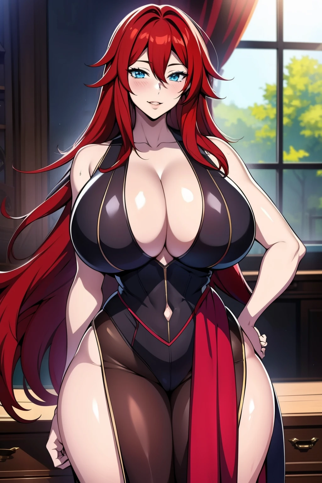 An anime-style artwork depicting rias gremory from the anime from the anime High School DxD

Tags: from the anime High School DxD,  uniform, holding, red hair, blue eyes, looking at viewer,  long hair , anime, detailed eyes, detailed lips, ass, 1girl, solo, huge breasts, smiling expression, intense gaze, dynamic pose, indoor, palace, vibrant colors, digital art, high-resolution, professional quality, gigantic breasts, cleavage), curvy, cowboy shot, (gigantic breasts: 1.4),