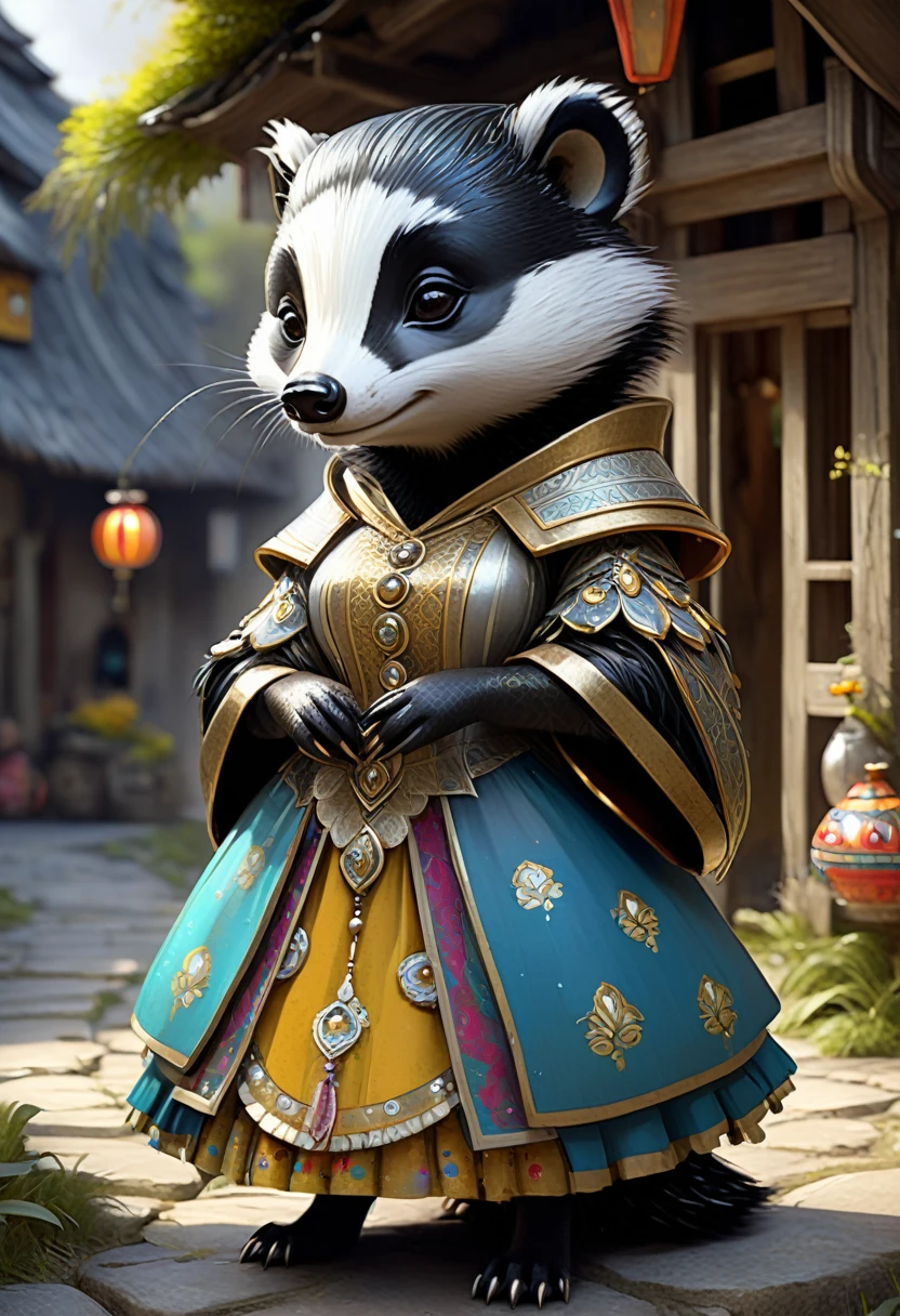 Adorable Little " Beautiful And Colorful Girl Anthropomorphic Badger In A Cute Village, Intricate Dress Made Gold And Silver, " Black Hair, Freckles, Royal Clothing, Breathtaking Fantasycore Artwork By Android Jones, Jean Baptiste Monge, Greg Rutkowski, Ko Young Hoon, Artstation, Trending On DeviantArt, Colorful D&D Artwork, Intricate Photography, A Masterpiece, 8k Resolution Artstation, Unreal Engine 5, Cgsociety, Octane Photograph
