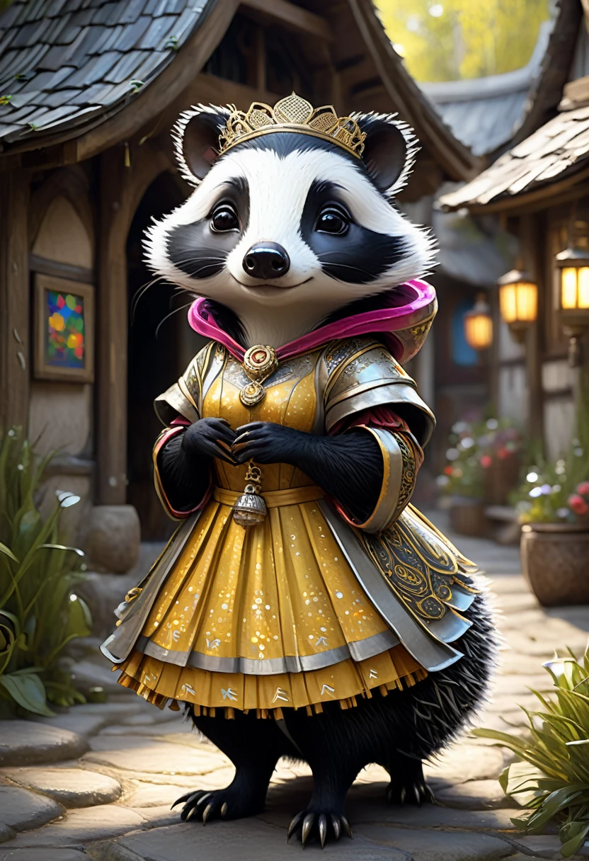 Adorable Little " Beautiful And Colorful Girl Anthropomorphic Badger In A Cute Village, Intricate Dress Made Gold And Silver, " Black Hair, Freckles, Royal Clothing, Breathtaking Fantasycore Artwork By Android Jones, Jean Baptiste Monge, Greg Rutkowski, Ko Young Hoon, Artstation, Trending On DeviantArt, Colorful D&D Artwork, Intricate Photography, A Masterpiece, 8k Resolution Artstation, Unreal Engine 5, Cgsociety, Octane Photograph
