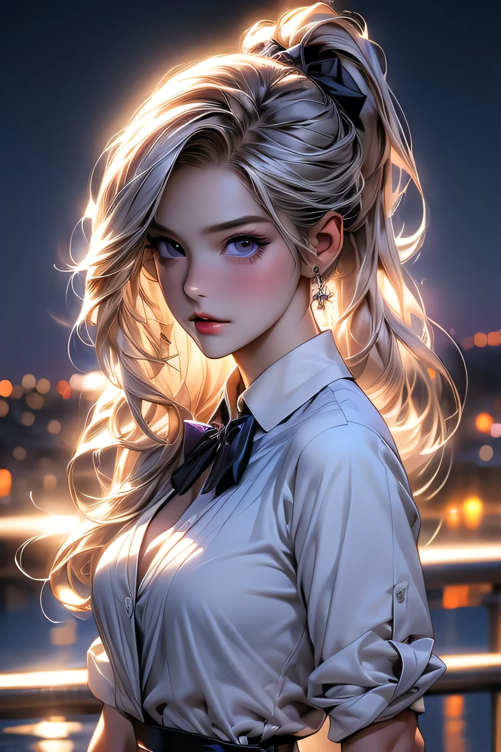 最high quality, masterpiece,, figure, wallpaper,One girl, alone, , White shirt, Black Skirt, Light Hair, Semi-long hair, Beautiful detailed girl, Highly detailed eyes and face, Beautiful fine details, shy, nature_Lighting, Shine,clean null, View your viewers, Outdoor, night null, star (null), loafers, Black Pantyhose, Blue bow tie, Straight hair, Purple petals, Purple and blue flowers, Dark Eyes, ponytail, Blue Ribbon,Blonde Hair､thick_Thighs, Large Breasts, black eye, Upper body portrait､masterpiece, 最high quality, high quality, High resolution,