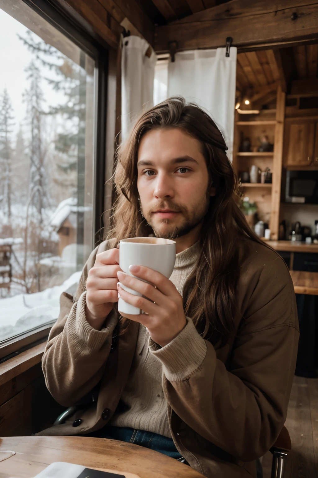 image of hippie man man with short beard of caucasian fur in winter clothes drinking coffee inside cabin in the middle of the forest in hyperrealistic illustration style made in the year 2023