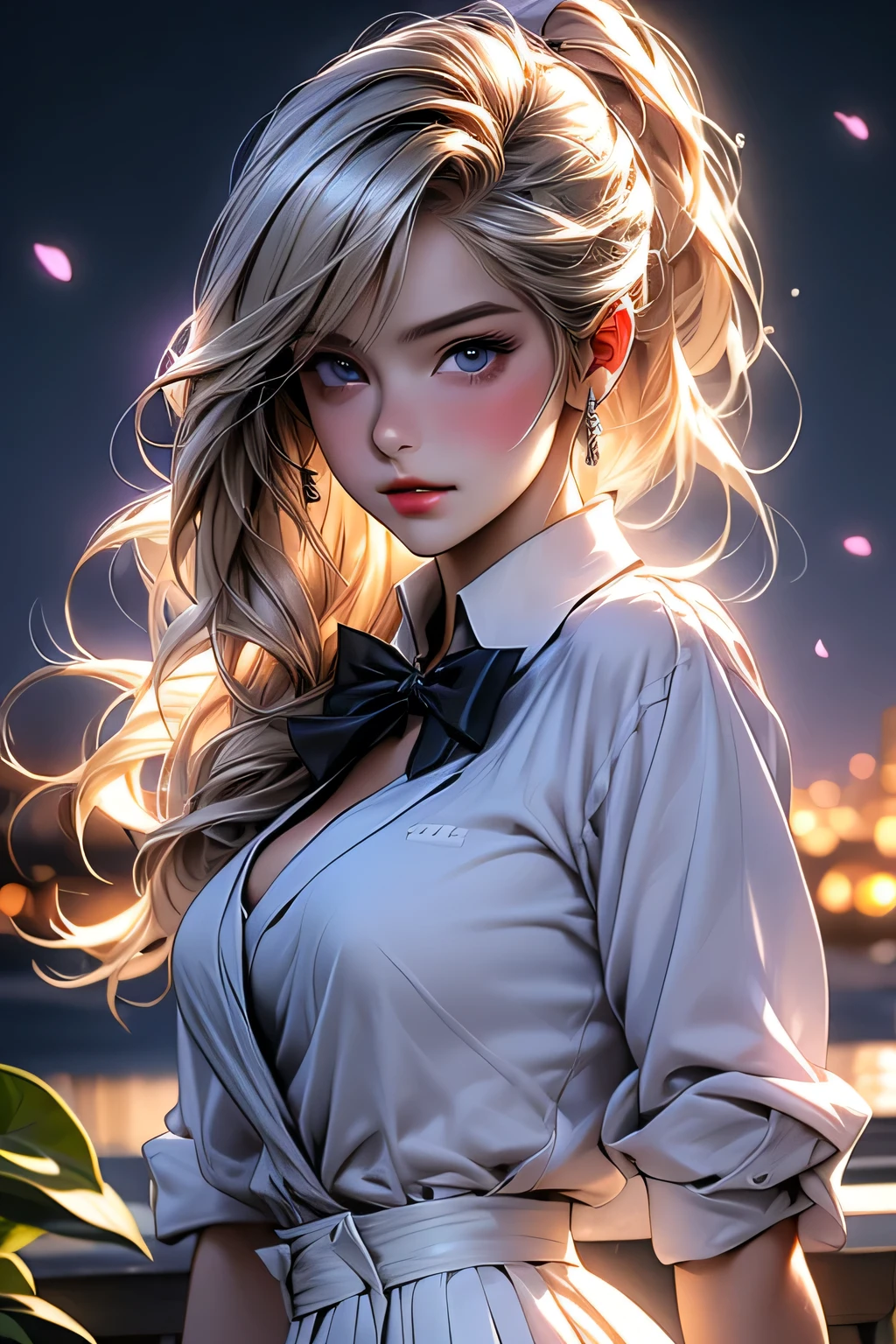 最high quality, masterpiece,, figure, wallpaper,One girl, alone, , White shirt, Black Skirt, Light Hair, Semi-long hair, Beautiful detailed girl, Highly detailed eyes and face, Beautiful fine details, shy, nature_Lighting, Shine,clean null, View your viewers, Outdoor, night null, star (null), loafers, Black Pantyhose, Blue bow tie, Straight hair, Purple petals, Purple and blue flowers, Dark Eyes, ponytail, Blue Ribbon,Blonde Hair、thick_Thighs, Large Breasts, black eye, Upper body portrait、masterpiece, 最high quality, high quality, High resolution,