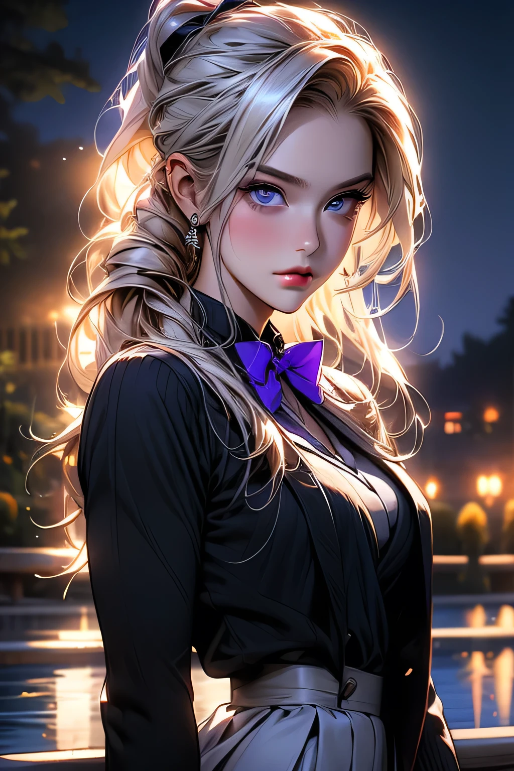 最high quality, masterpiece,, figure, wallpaper,One girl, alone, , White shirt, Black Skirt, Light Hair, Semi-long hair, Beautiful detailed girl, Highly detailed eyes and face, Beautiful fine details, shy, nature_Lighting, Shine,clean null, View your viewers, Outdoor, night null, star (null), loafers, Black Pantyhose, Blue bow tie, Straight hair, Purple petals, Purple and blue flowers, Dark Eyes, ponytail, Blue Ribbon,Blonde Hair､thick_Thighs, Large Breasts, black eye, Upper body portrait､masterpiece, 最high quality, high quality, High resolution,